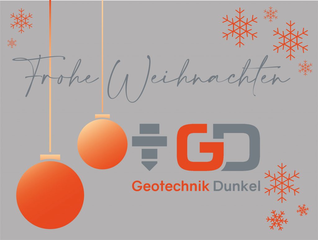 Grafik mit Christbaumkugeln, Schneeflocken und Logo von Geotechnik Dunkel