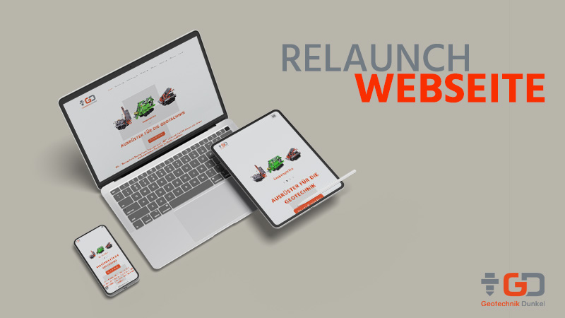 Laptop, Handy und Tablet auf denen jeweils die Startseite von Geotechnik Dunkel zu sehen ist